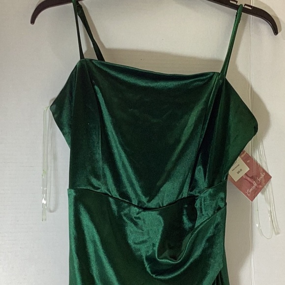 HONEY AND ROSIE SQUARE NECK STRETCH SATIN FAUX-WRAP - Picture 3 of 9